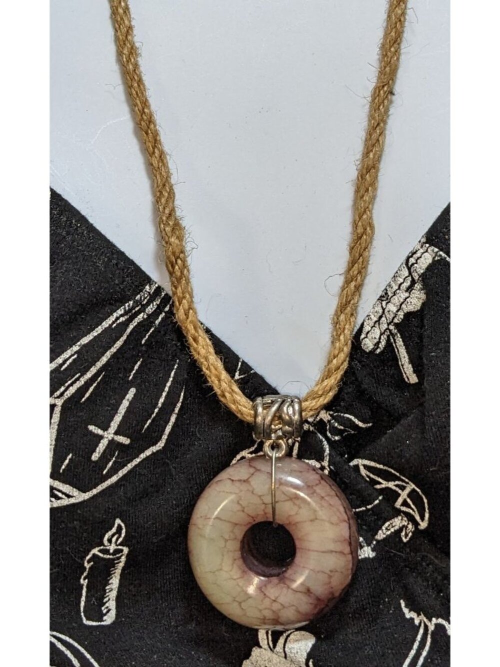 Tribal Agate Donut Pendant Necklace Handcrafted Hemp Cord Earthy Boho Statement